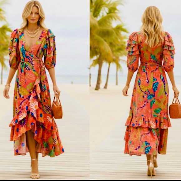 Farm Rio Macaw Ruffled Wrap Dress  100% Cotton In Coral Size XXS - Picture 4 of 16